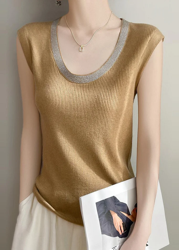 Women Yellow U Neck Patchwork Knit Tank Summer