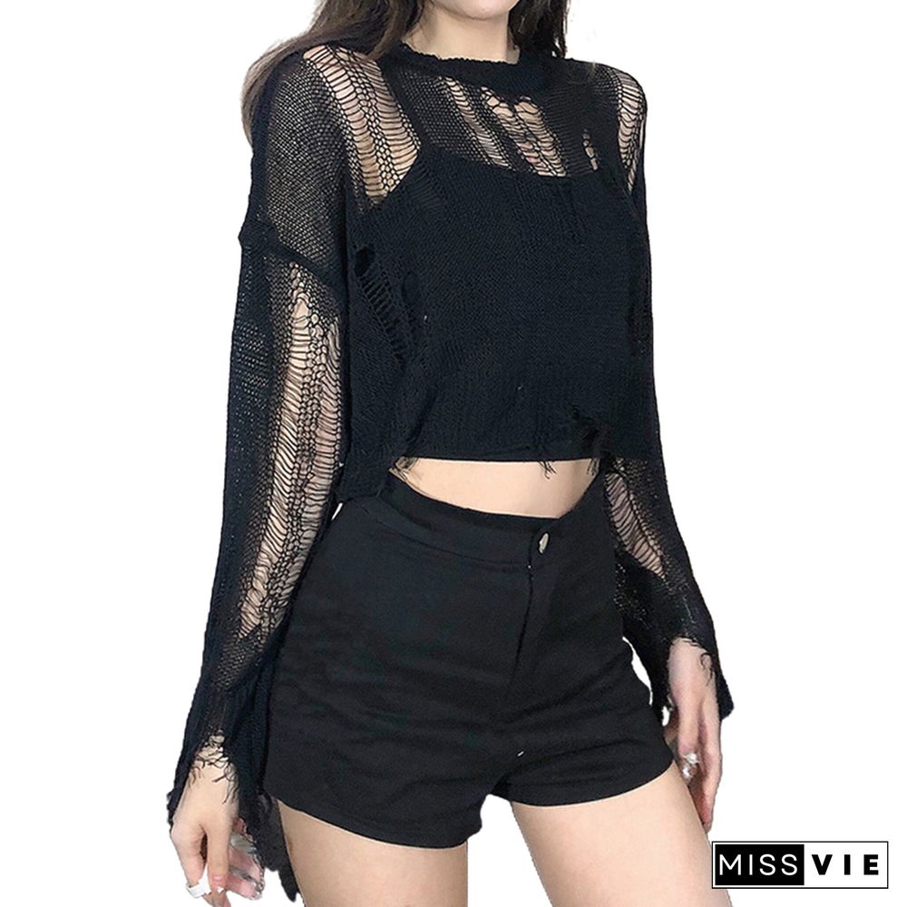 Gothic Crop Tops For Women Aesthetic Hollow Out Long Sleeve T Shirt Y2k Punk Style Knitted Crochet Tee Streetwear