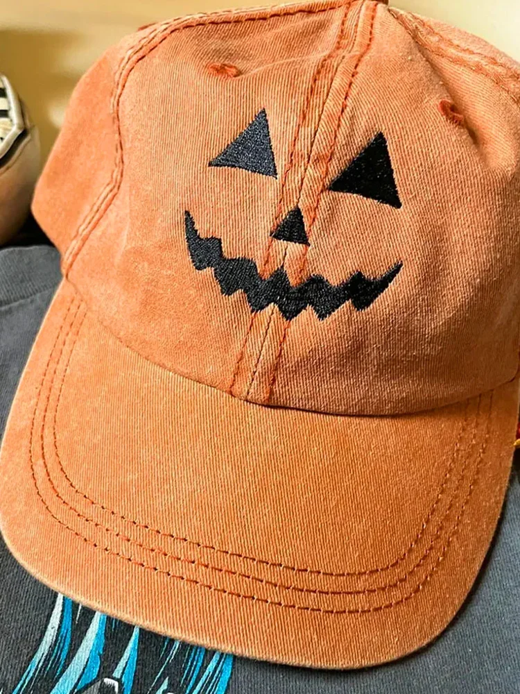 Halloween Pumpkin Face Washed Baseball Hat