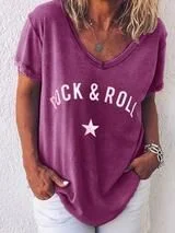 ROCK&ROLL Printed V Neck Casual T-shirt