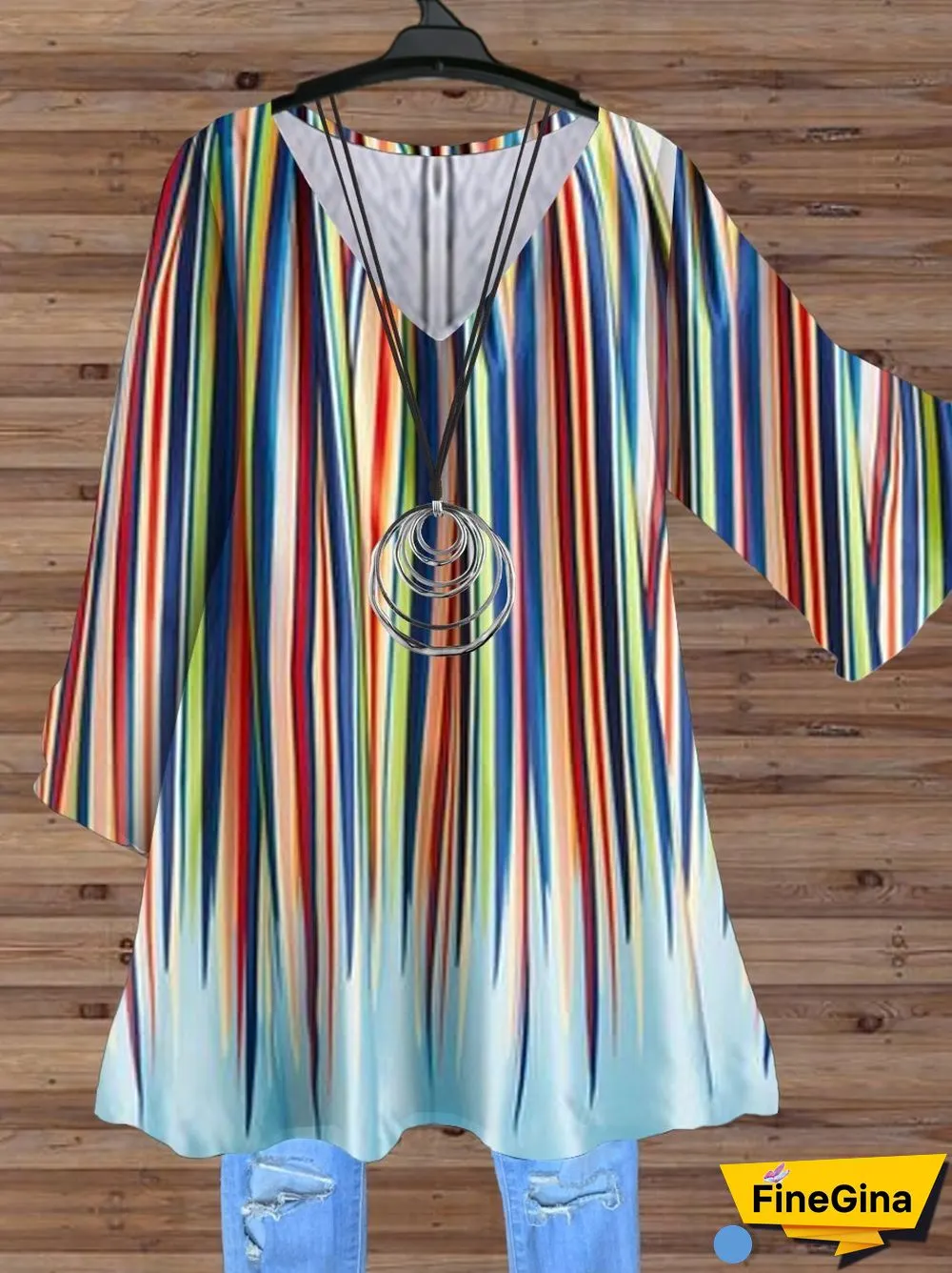Women Half Sleeve V-neck Striped Printed Tops Dress