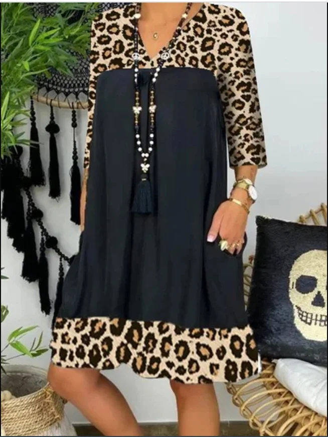 Fashion Leopard Print Stitching Loose Plus Size Dress Black Dresses | EGEMISS