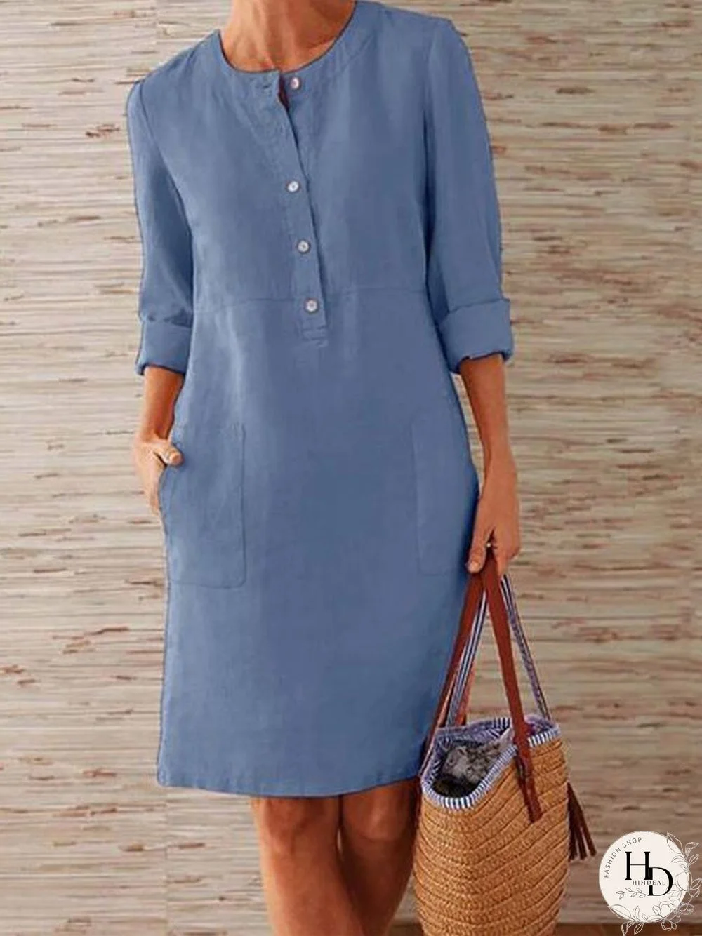 Solid Color Stand Collar Long Sleeve Buttoned Dress