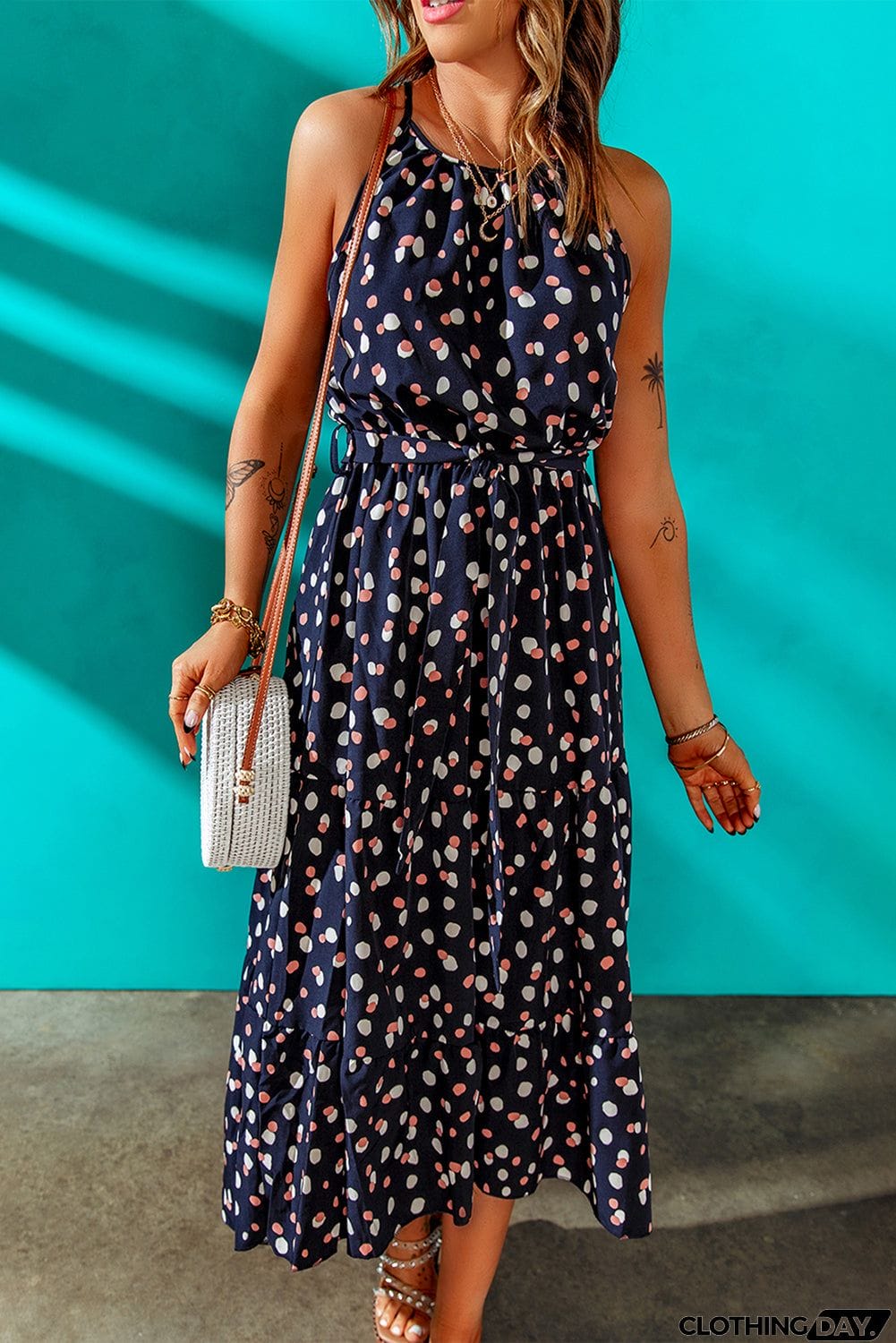 Polka Dot Print Spaghetti Straps Maxi Dress