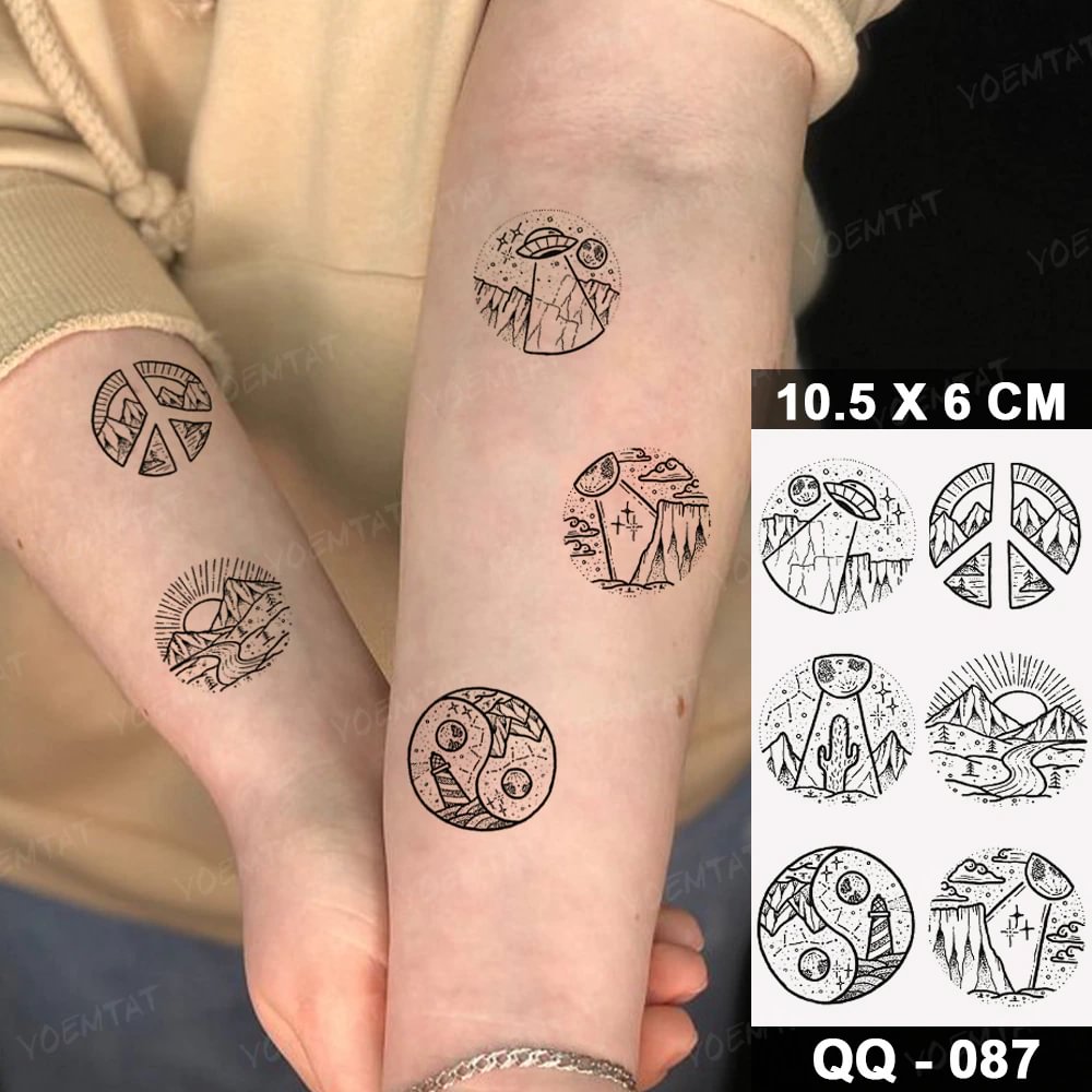 Gingf Transfer Temporary Tattoo Sticker Spaceship Gossip Mountains Flash Tatoo Circular Pattern Wrist Body Art Fake Tatto Woman