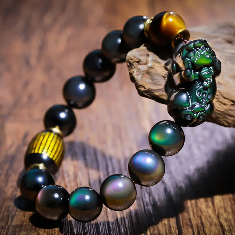 FengShui PiXiu Rainbow Obsidian Black Onyx Tiger Eye Positive Bracelet