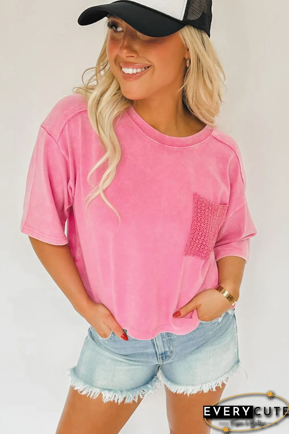 Pink Acid Wash Lace Patch Pocket T-Shirt