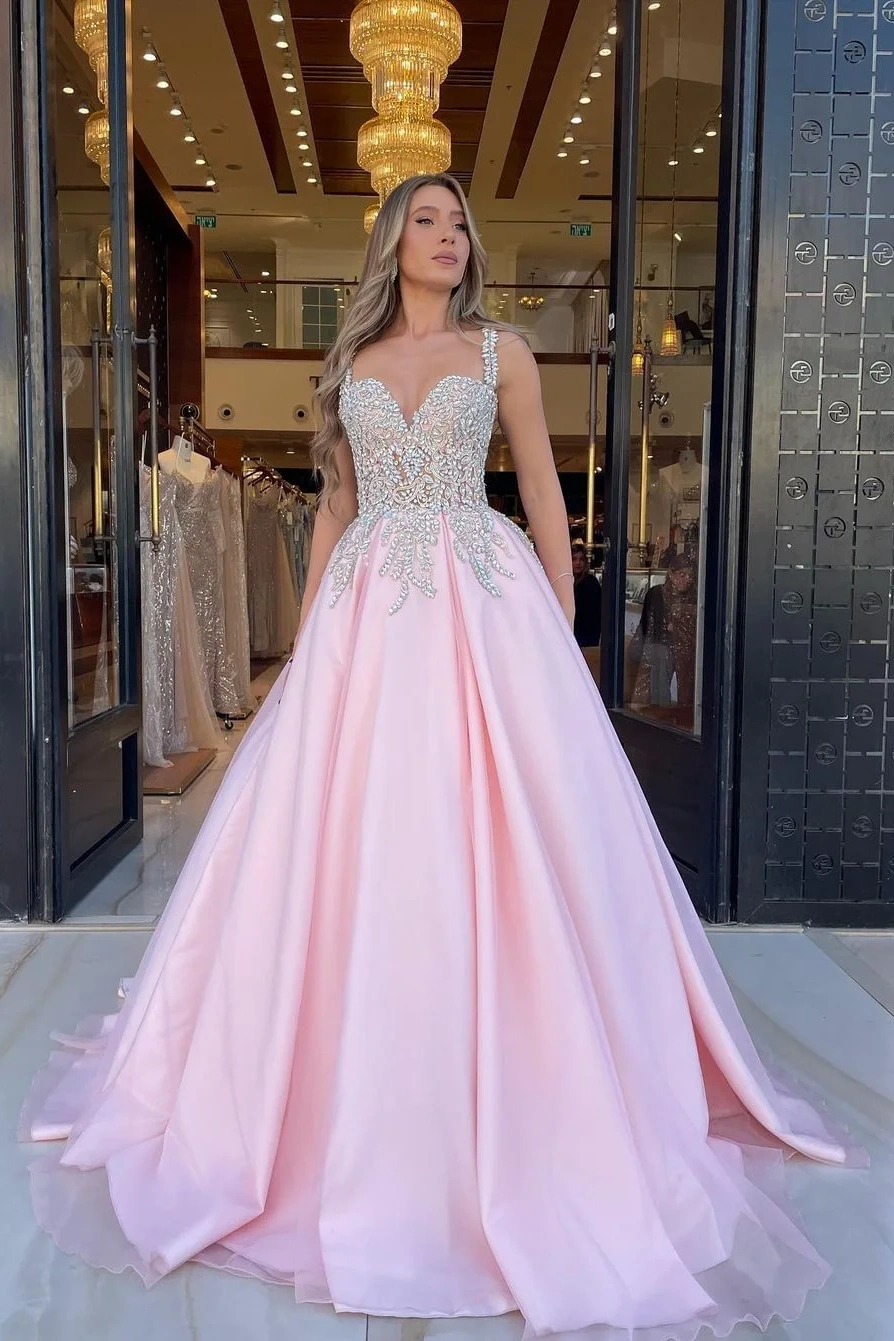  Pink Sequins V Neck A Line Prom Dress Sleeveless with Appliques - ohprom