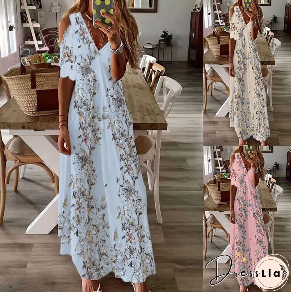 Long Bohemian Dress with Short Sleeve Lace Printing Black Dresses