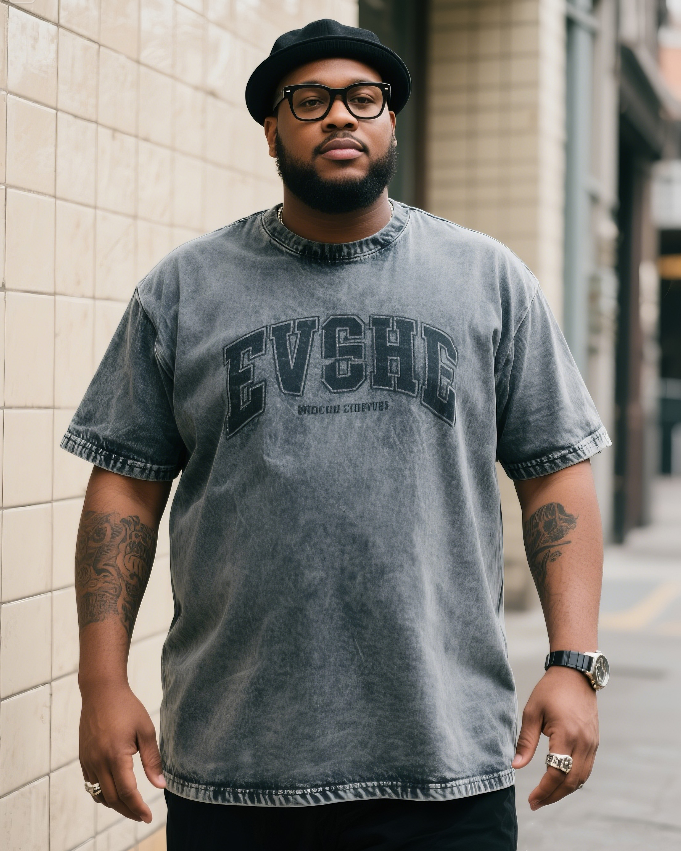 Plus Size Men's Retro Creative English Printed Denim Short Sleeve T-shirt