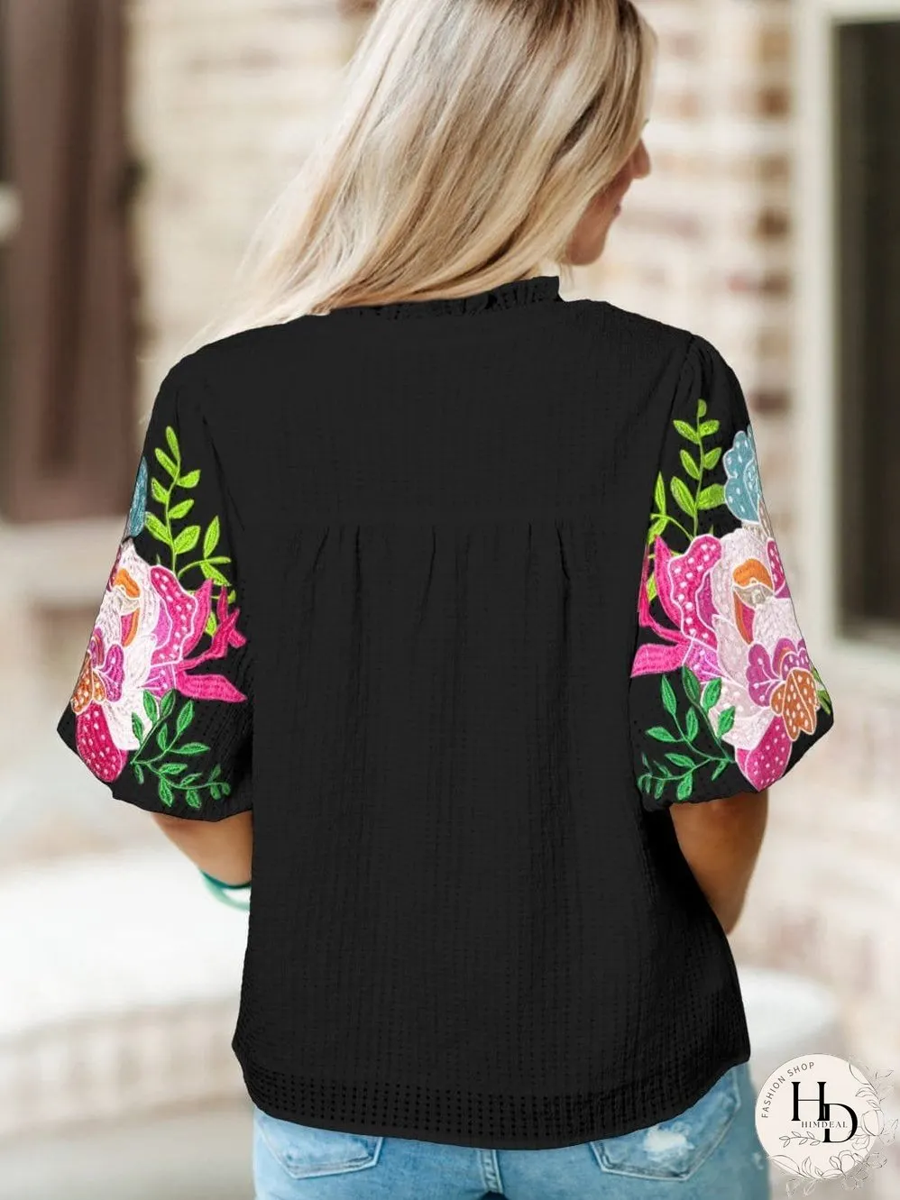 Elegant Black Floral Embroidered V-Neck Puff Sleeve Blouse