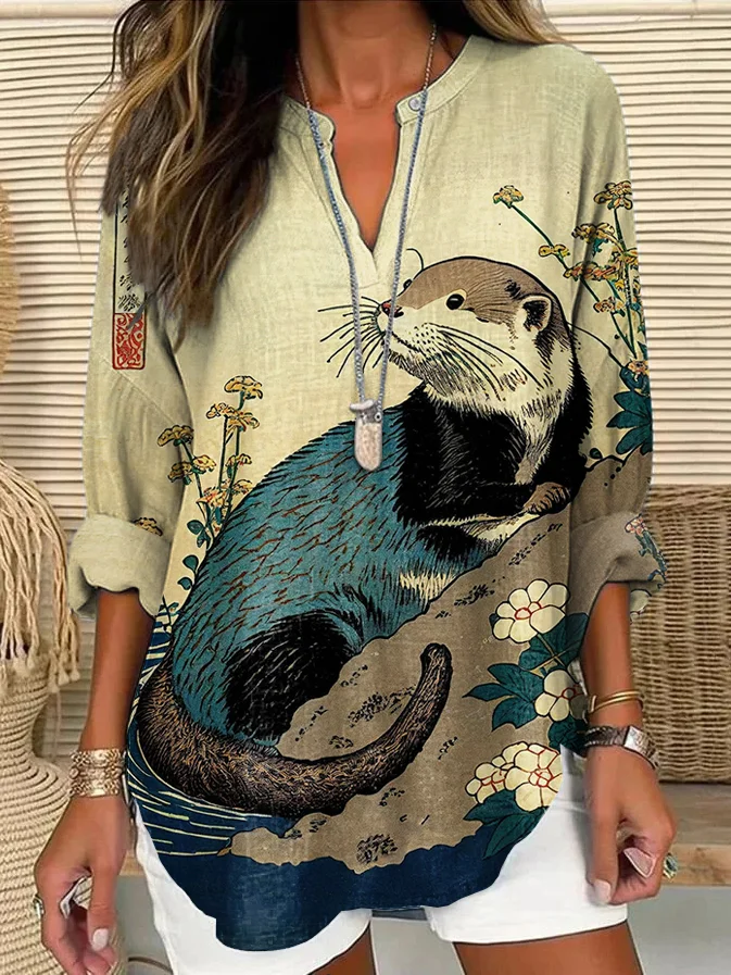 Floral Otter Water Japanese Art Print Linen V-neck Shirt