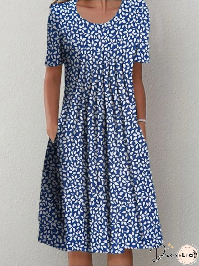 Women's Casual Dress Midi Dress Blue Short Sleeve Floral Ruched Spring Summer Crew Neck Basic