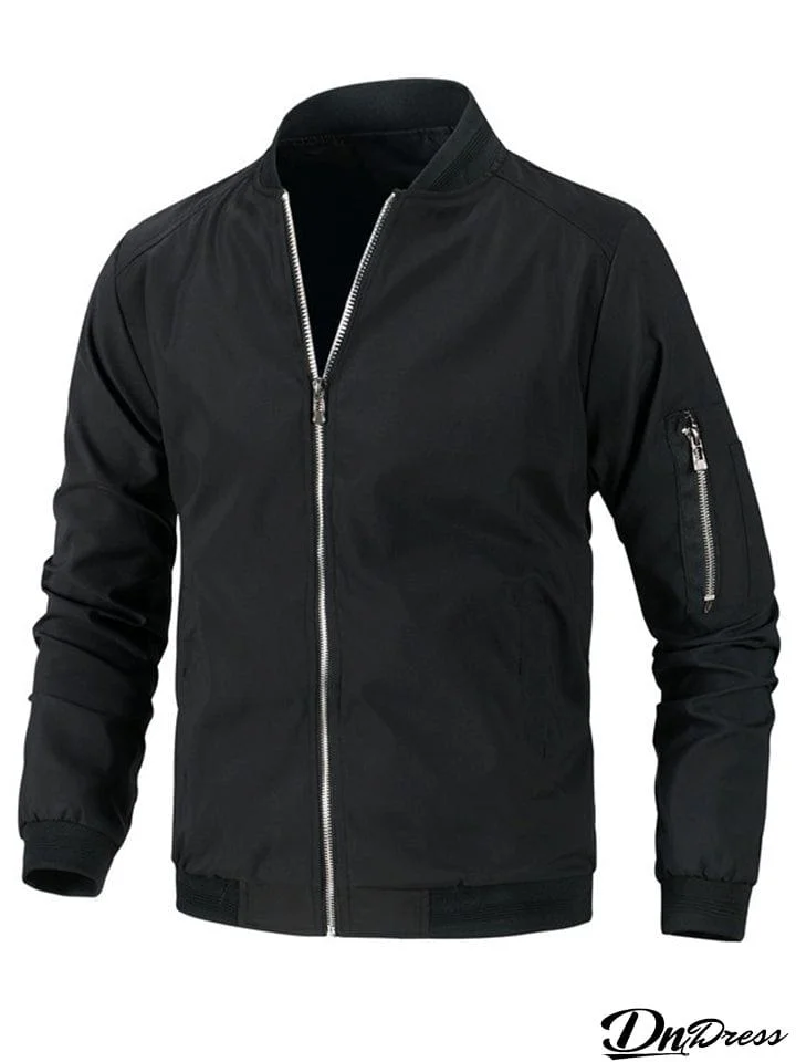 Men's Stand Collar Solid Color Zip Up Thin Baseball Jacket
