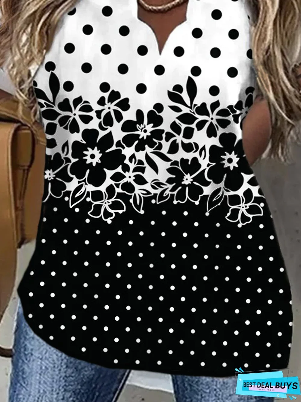 Color-block Floral V Neck Short Sleeve Casual Tunic Top