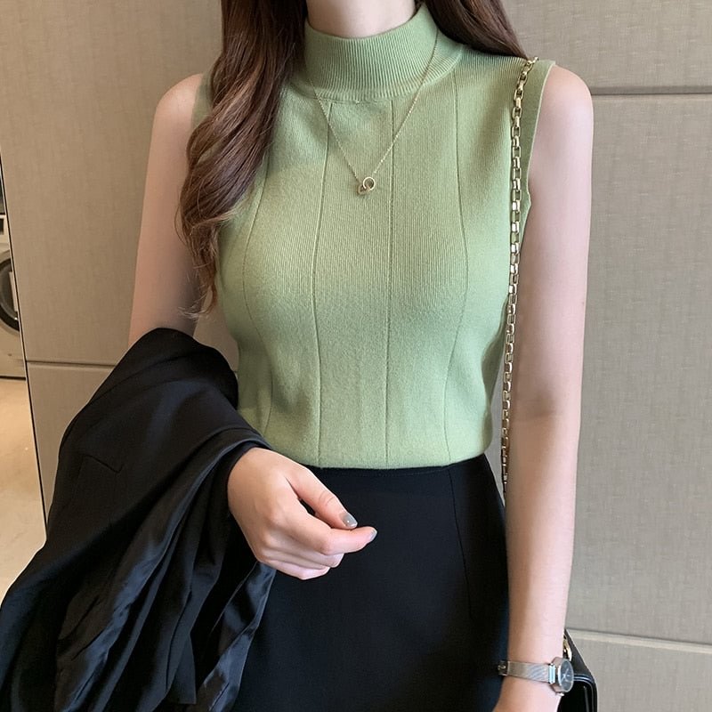 New 2021 Sleeveless Summer Blouse Women Korean Knit Elastic Casual Clothes Solid Turtleneck Fashion Ladies Tops Blusas 8623 50