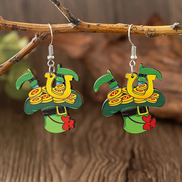 Vintage Wooden Clover And Golden Coins Earrings