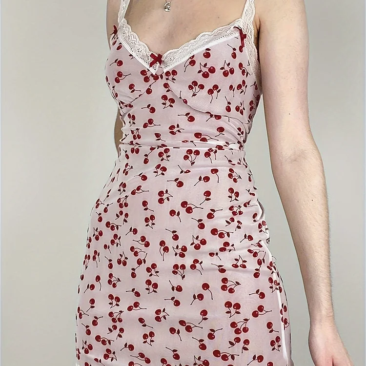Cherry Print V Neck Cami Dress, Contrast Lace Sleeveless Lace Strap Ress, Women's Clothing