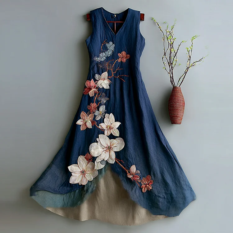 Women's Vintage Floral Embroidery Contrast Design Linen Sleeveless Dress