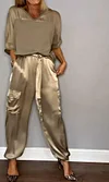 Women's Smooth Satin Half-sleeved Top and Pant Two-piece Suit