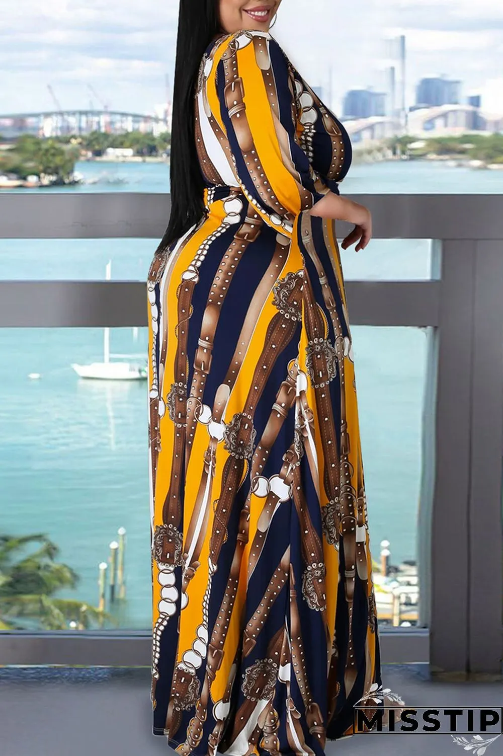 Blue Elegant Print Bandage Patchwork Slit V Neck Printed Dress Plus Size Dresses