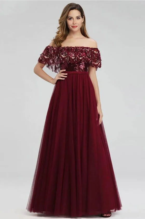 Burgundy Off-the-Shoulder Sequins Prom Dress Long Evening Gowns With Tassels - lulusllly