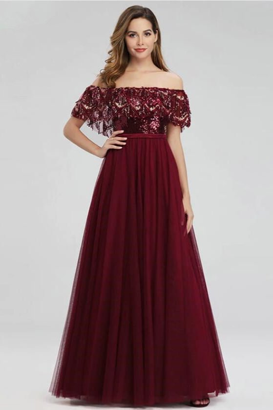 Burgundy Off-the-Shoulder Sequins Prom Dress Long Evening Gowns With Tassels - lulusllly