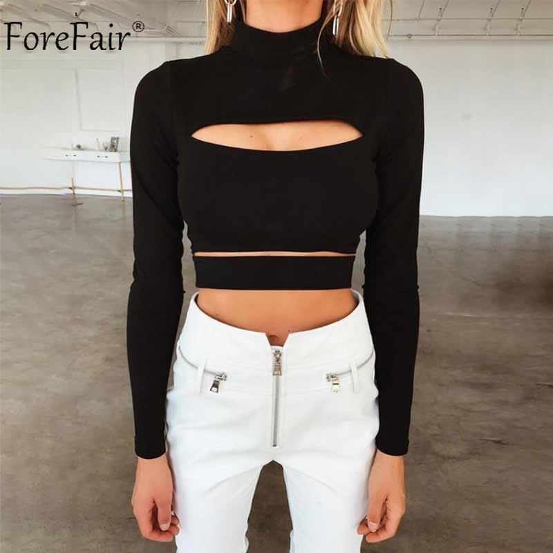 Forefair Turtleneck Cut Out Sexy Crop Top Women Autumn 2018 Cropped Top White Black Winter Long Sleeve Shirt Women