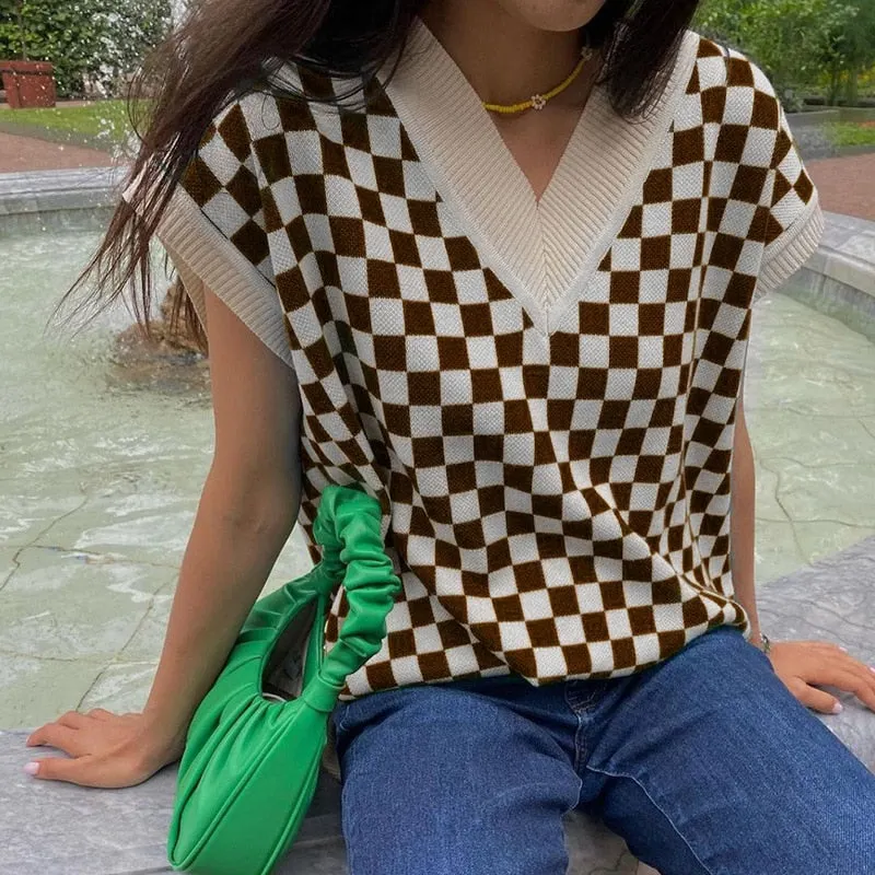 Tossy Casual Argyle Women's Vest Knitted Sleeveless Sweater Top For Women 2021 Autumn New V-Neck Pullover Vest Y2k Knitwear