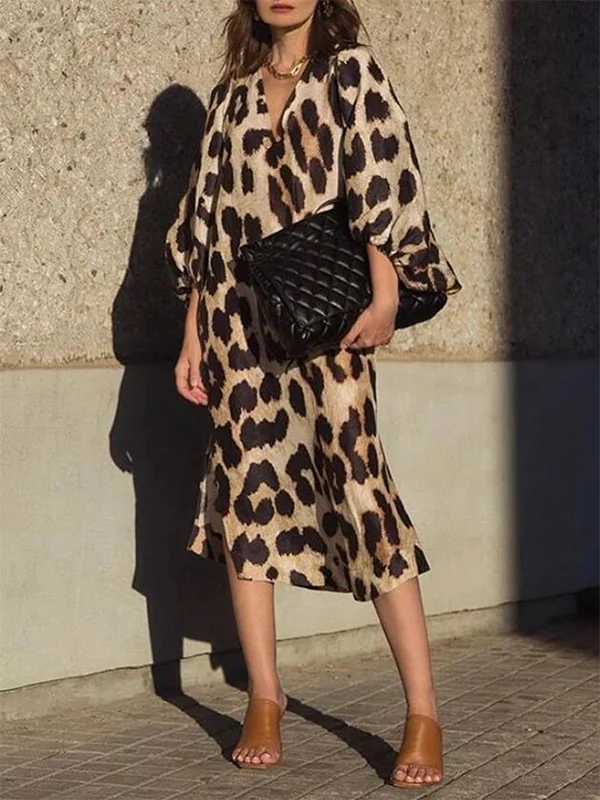 Leopard Print Loose Lantern Sleeve Dress - yankia