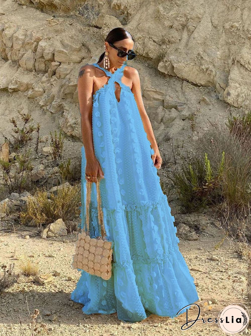 Fashion Neck Hanging Three-dimensional Flower Cake Long Dress