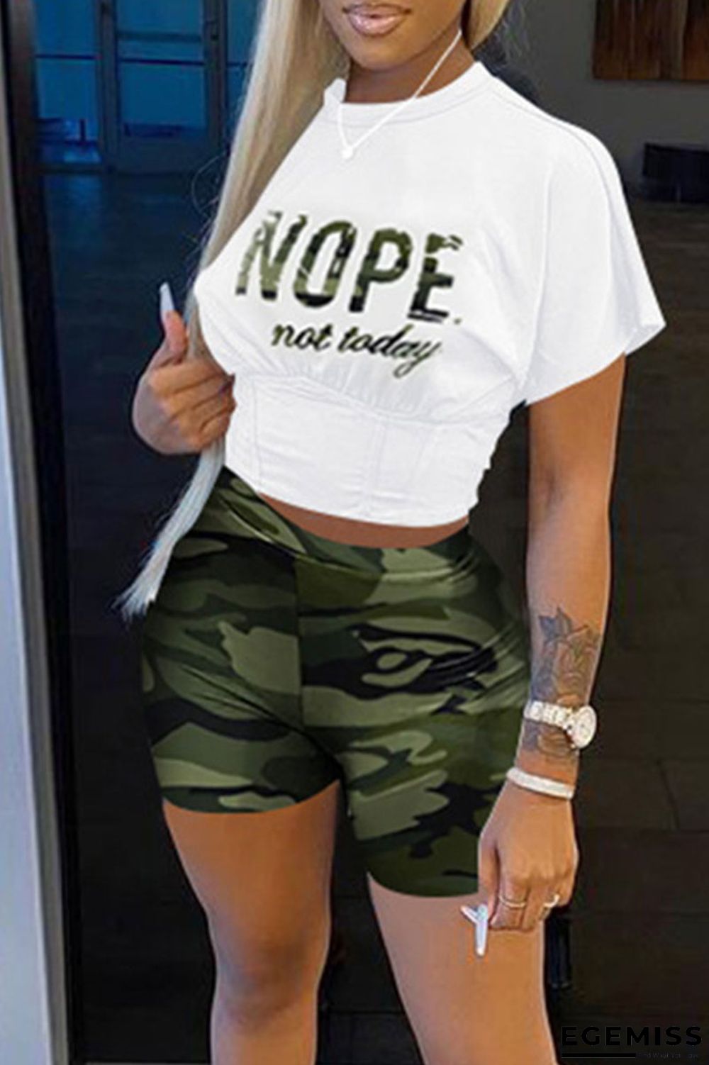 Army Green Casual Print Patchwork O Neck Short Sleeve Two Pieces | EGEMISS