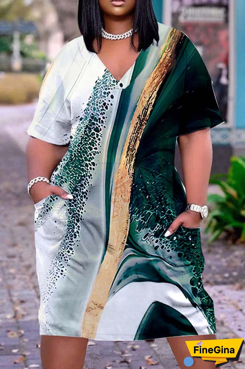 Black Casual Print Patchwork V Neck Short Sleeve Dress