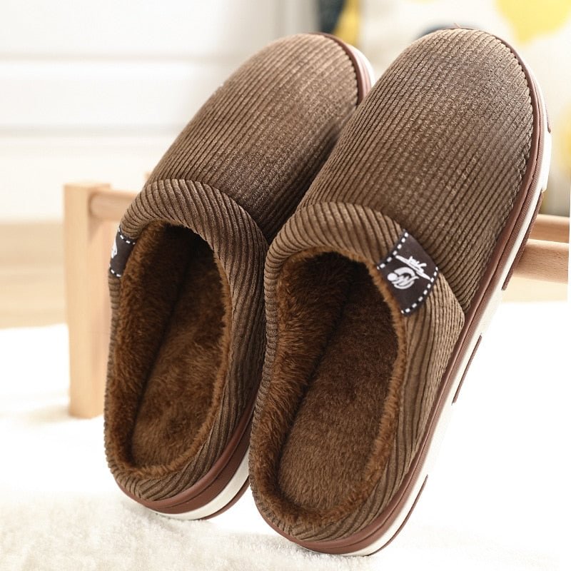 Women And Men Couple Winter Slipper Women's Stripe Pattern Cotton Shoes Men's Warm Non-Slip Thick Plush Home Fabric Slippers