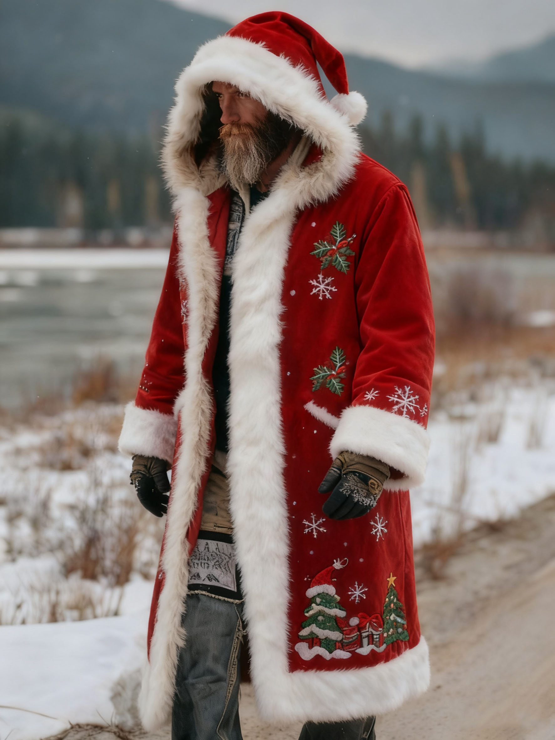 Men's Autumn Winter Christmas Printed Hooded Fleece Jacket