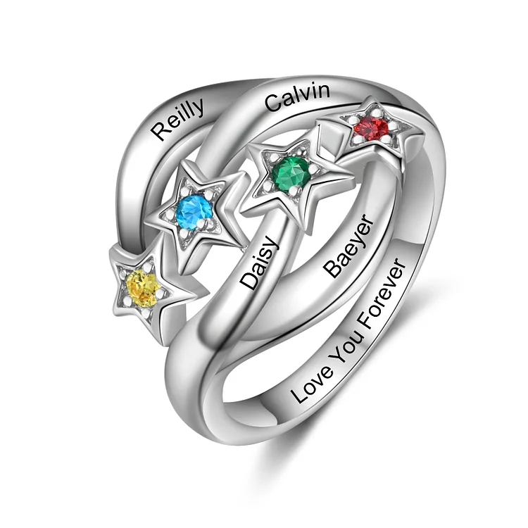 Personalized Star Ring Custom 4 Birthstones Dainty Ring for Her