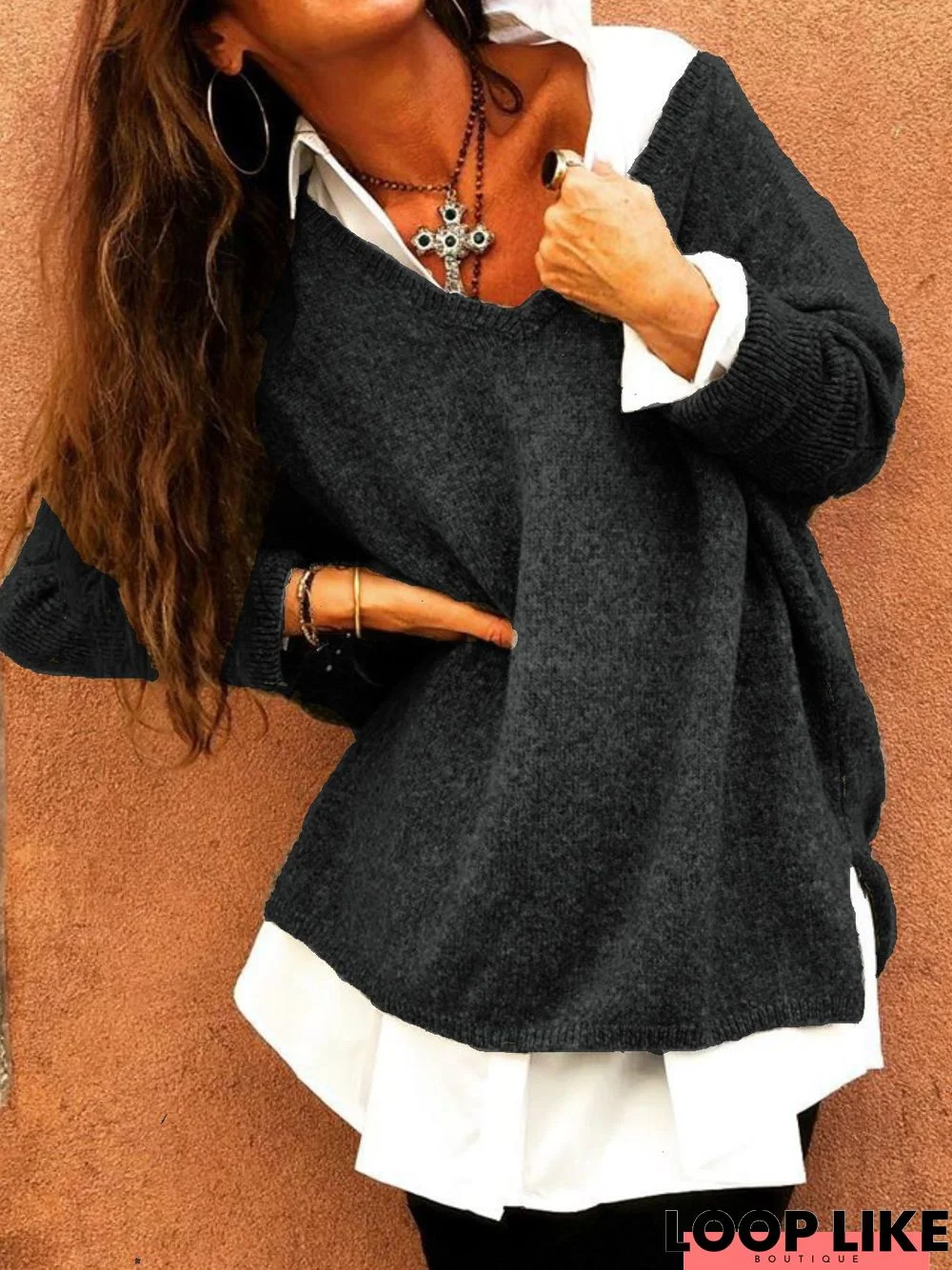 Casual V Neck Solid Long Sleeve Sweater