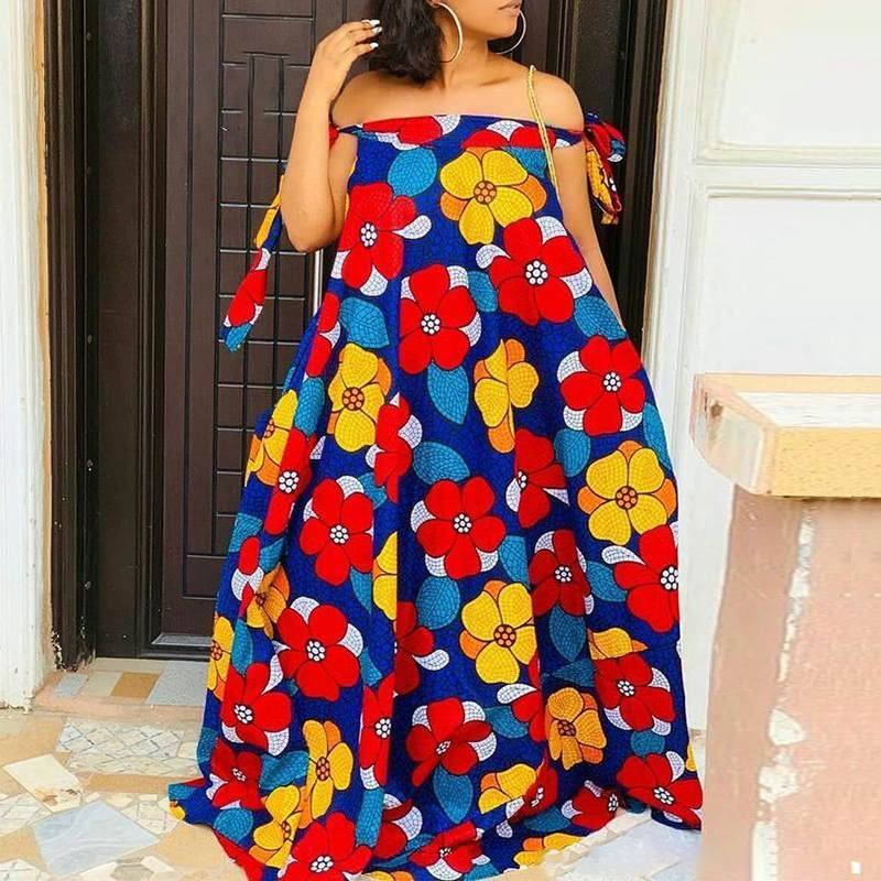Bohemian Maxi Dress VONDA 2022 Women Sexy Off Shoulder Vintage Floral Printed Pleated Long Vestidos Sleeveless Summer Party Robe