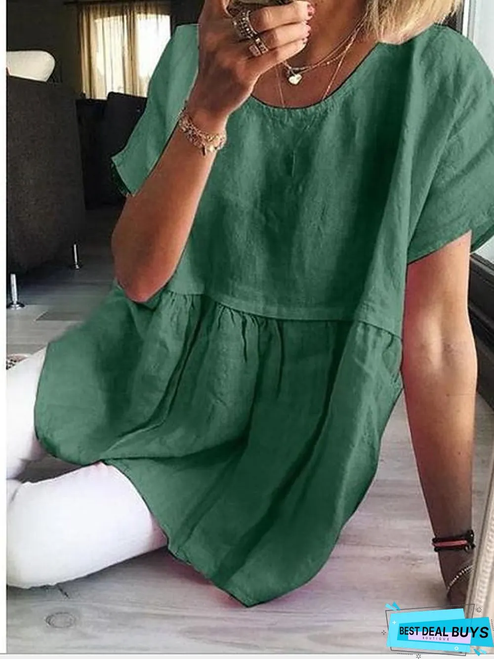 Womens Tunic Solid Colored Plain Round-neck Tops Basic Top Yellow Blushing Pink Green
