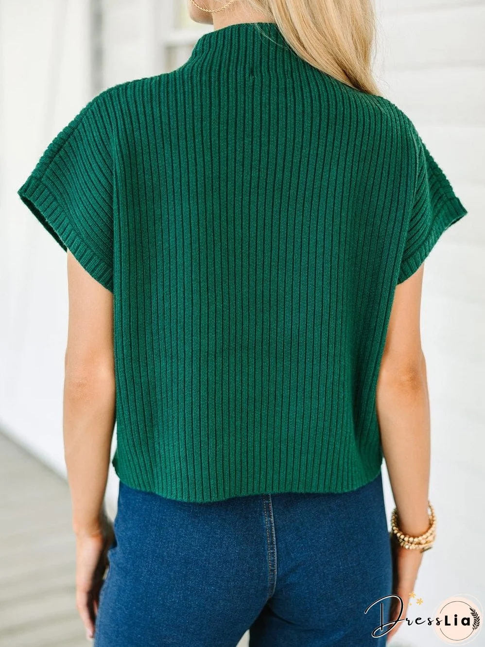 Green Ribbed Knit Short Sleeve Sweater with Patch Pocket