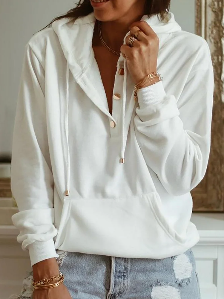 Casual Long Sleeve Solid White Hoodie Sweatshirts