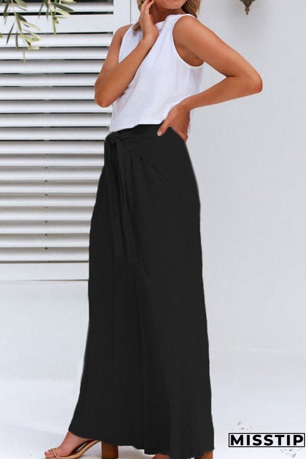 Spring and summer cotton and linen design sense strap loose wide-leg casual trousers