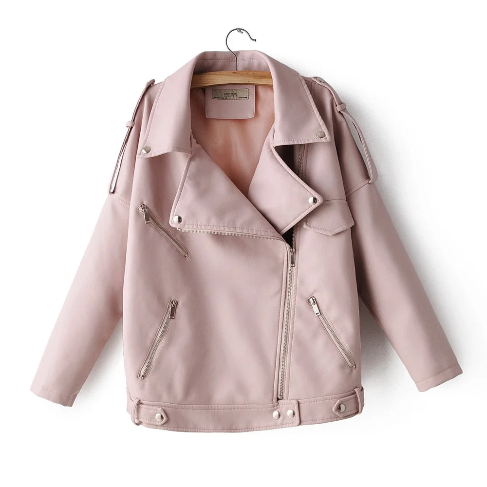 FTLZZ New Spring Pu Leather Jacket Women Moto Biker Lapel Zipper Warm BF Style Faux Leather Coat Loose Fashion Autumn Outwear