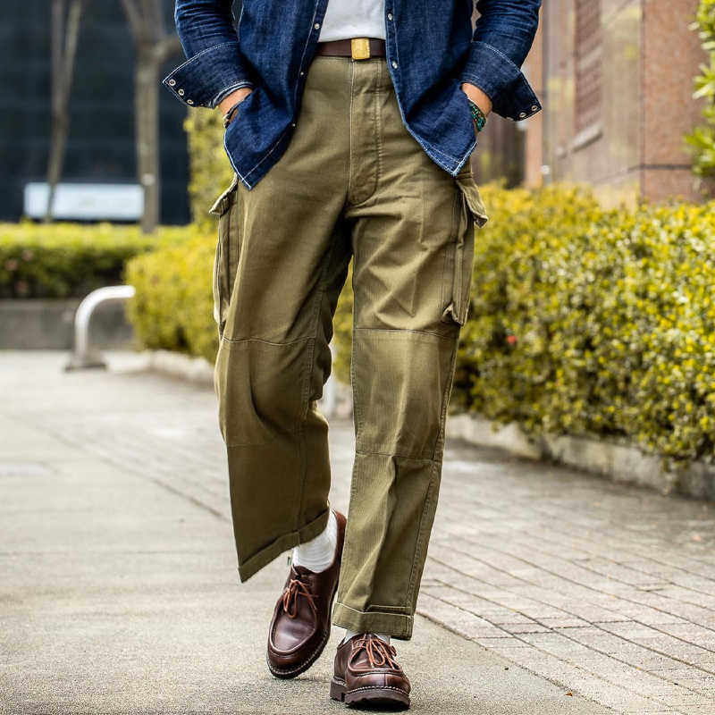 Men's Vintage Olive Green Straight Leg Herringbone Cargo Pants
