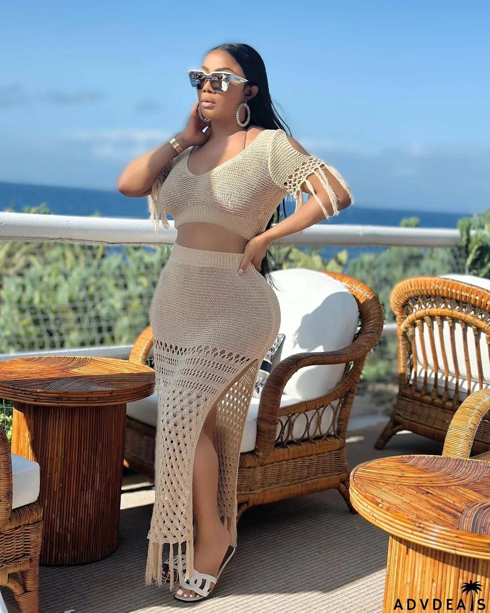 Ladies Casual Sexy Split Woolen Crochet Knitting Tassel Two-Piece Set