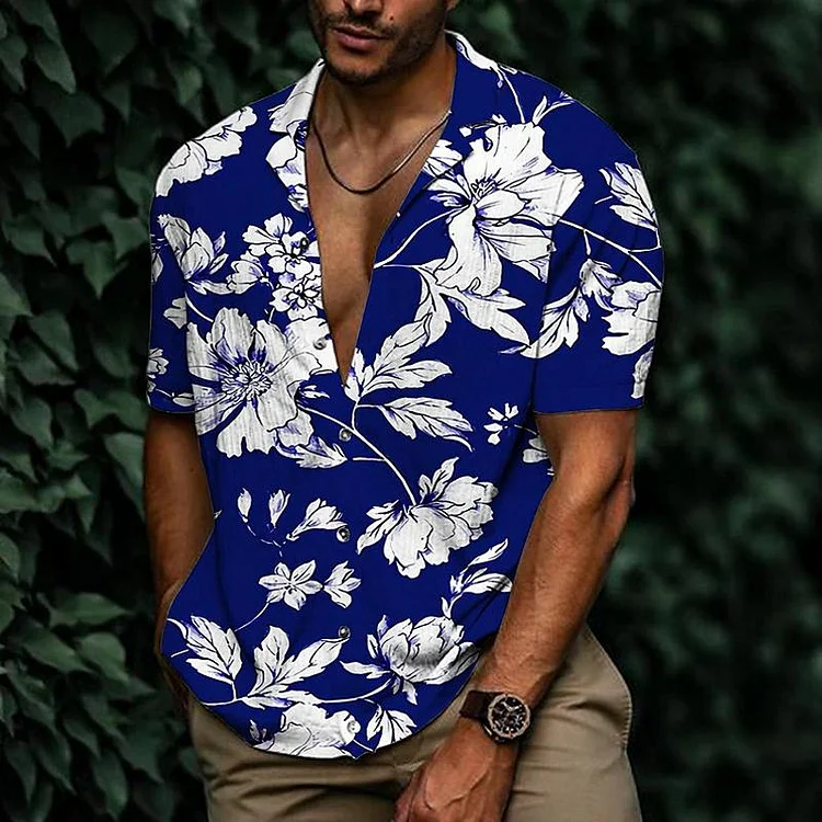 Men's Floral Lapel Short Sleeve Loose Casual Shirt