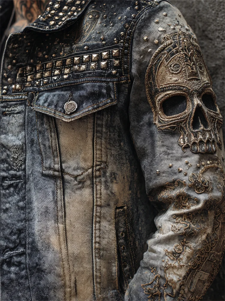 Men's Rock Skull Studded Stone Washed Denim Jacket