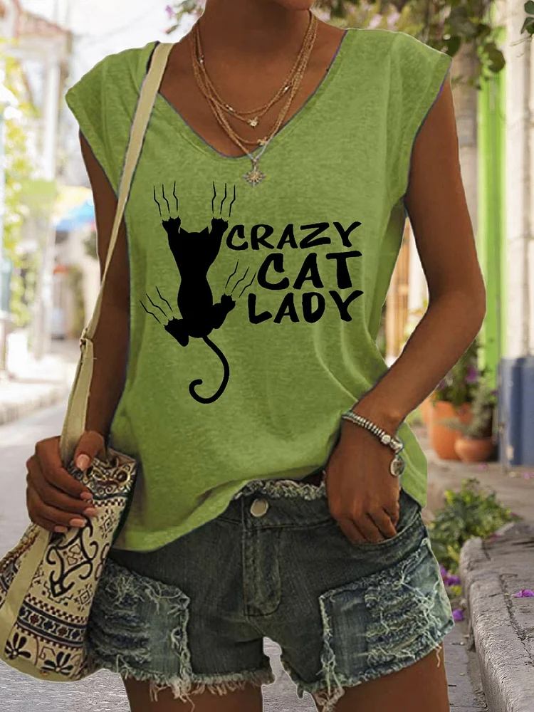 Women's Funny Crazy Cat Lady V-Neck Sleeveless Tee