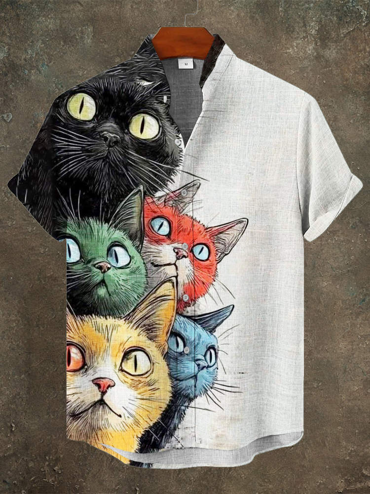 Japanese Cat Print Men's Linen Short Sleeve Shirt  artssus