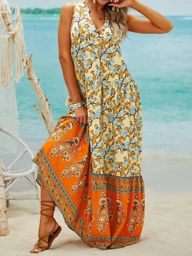V Neck Floral Vacation Short Sleeve Woven beach dresses